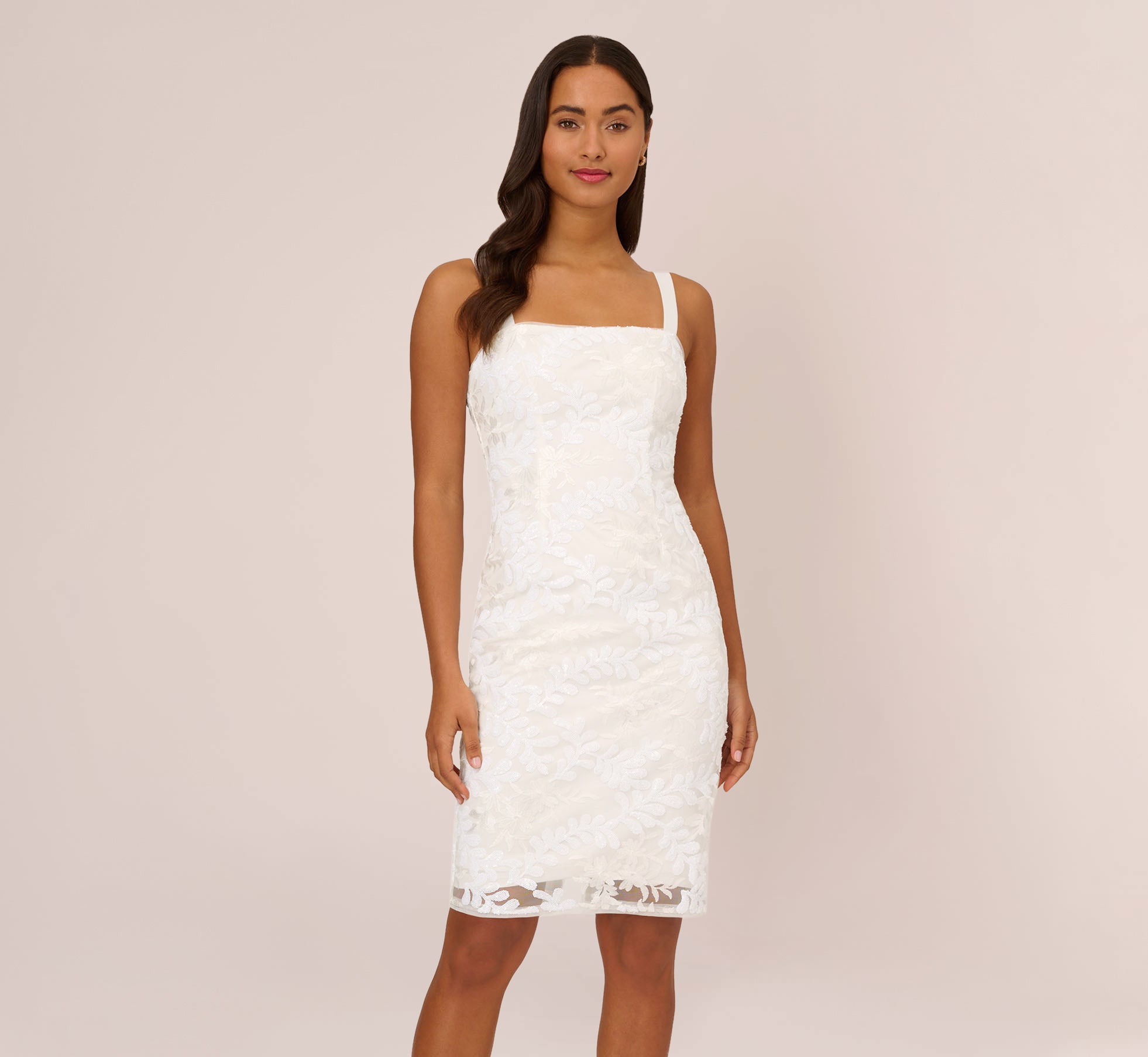 Sequin Embroidered Sheath Dress With Grosgrain Straps In Ivory