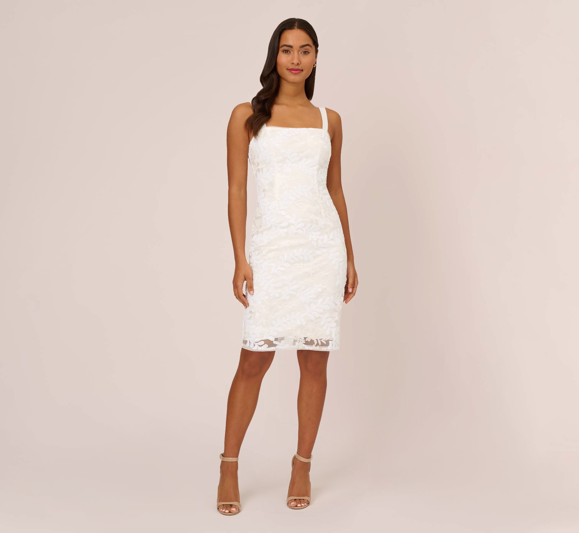 Sequin Embroidered Sheath Dress With Grosgrain Straps In Ivory