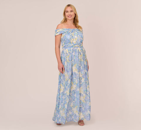 Plus Size Watercolor Floral Print Gown With Off The Shoulder Neckline In Blue Multi