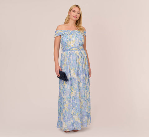 Plus Size Watercolor Floral Print Gown With Off The Shoulder Neckline In Blue Multi