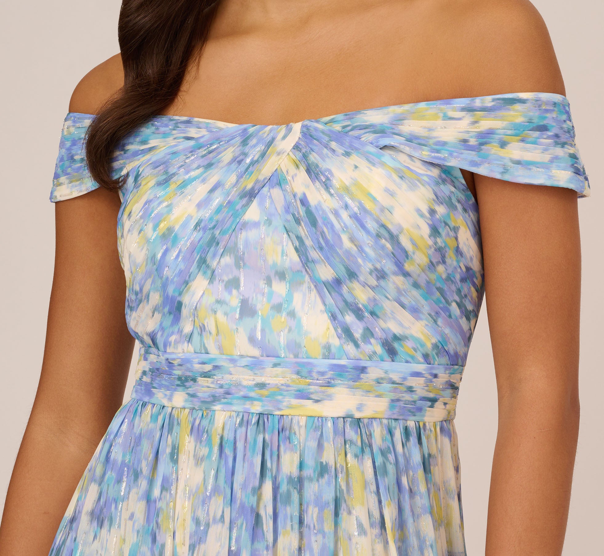 Watercolor Floral Print Gown With Off The Shoulder Neckline In