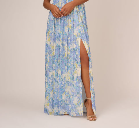 Watercolor Floral Print Gown With Off The Shoulder Neckline In Blue Multi