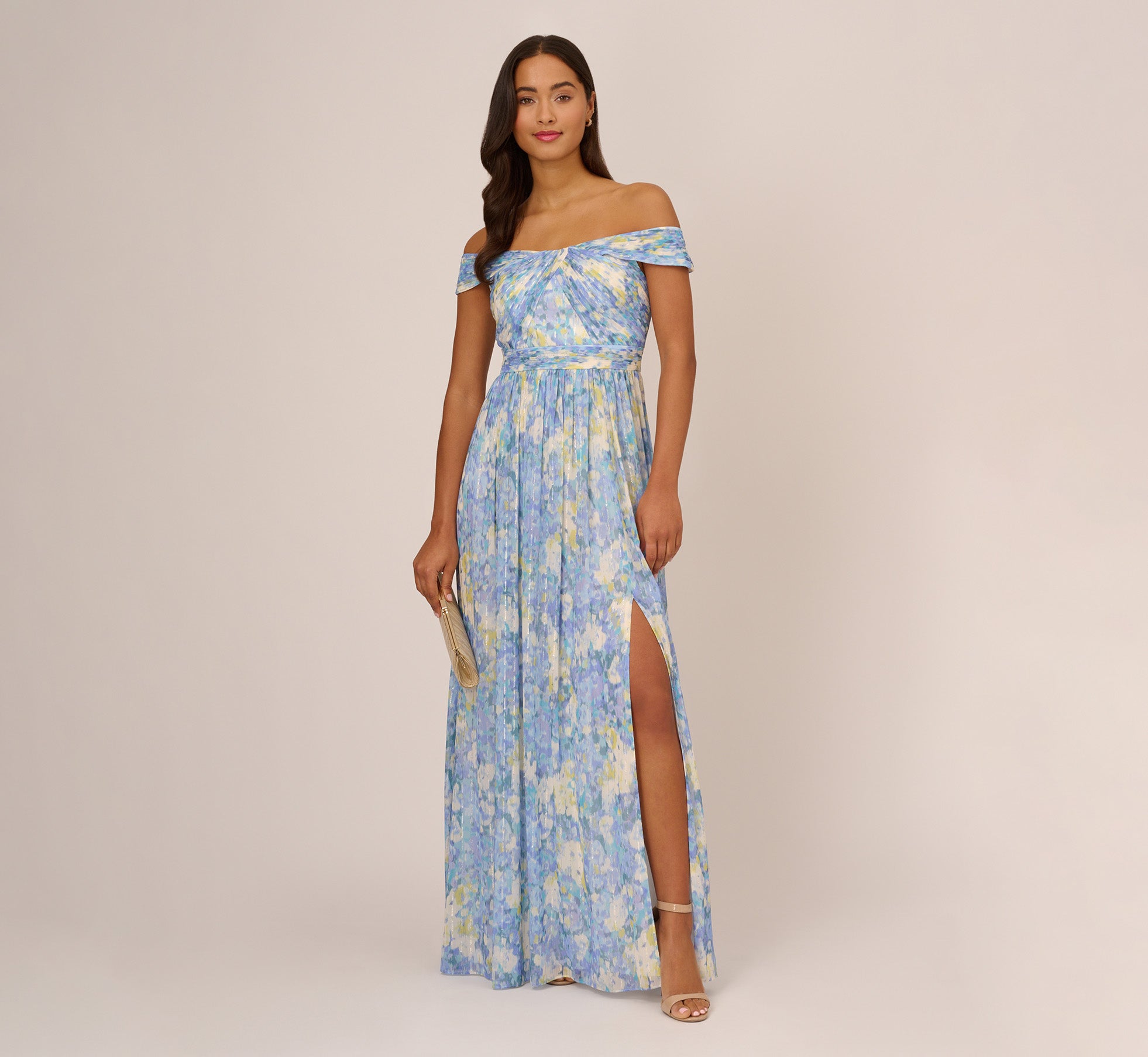 Watercolor Floral Print Gown With Off The Shoulder Neckline In