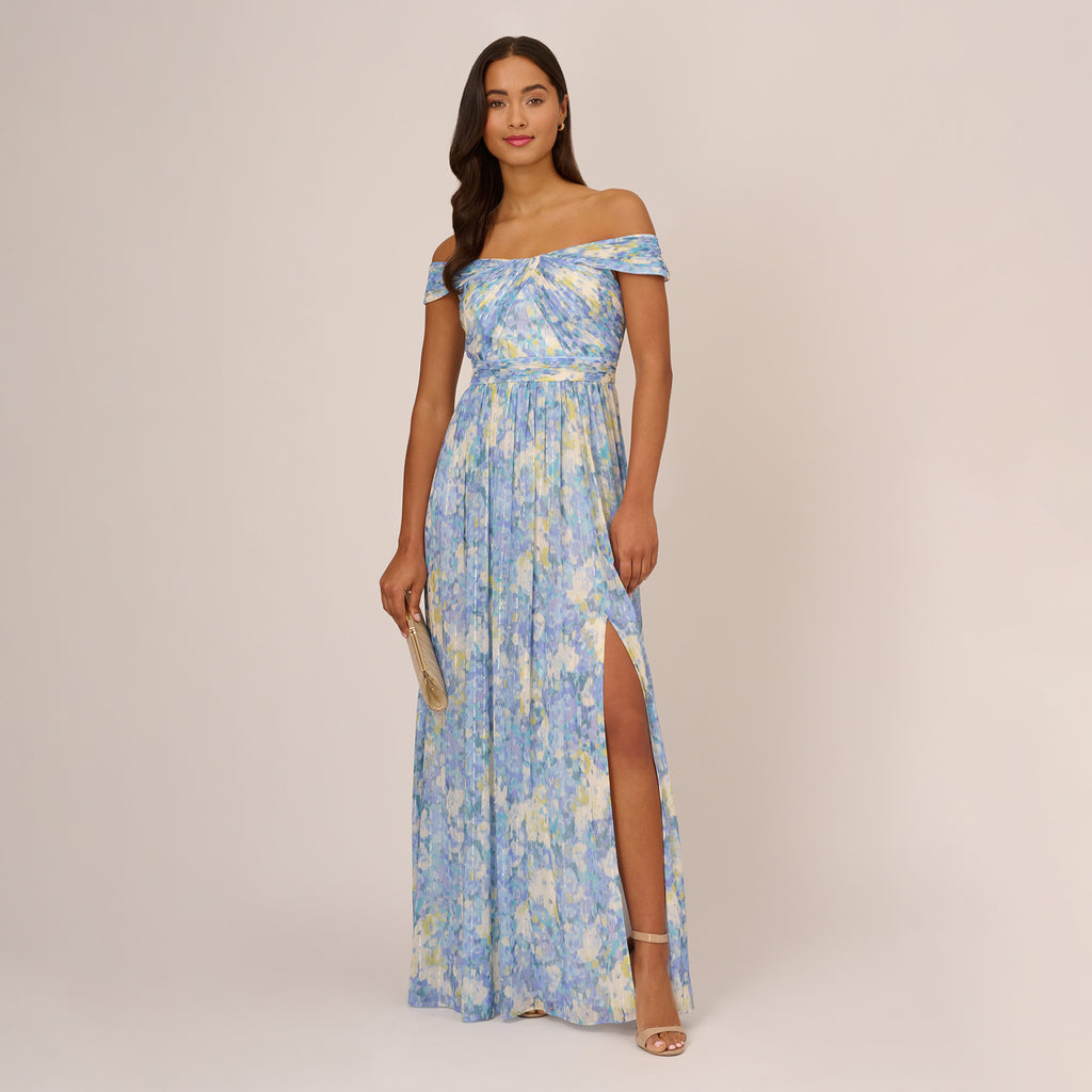 Watercolor Floral Print Gown With Off The Shoulder Neckline In Blue Mu
