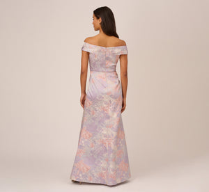 Metallic Floral Print Jacquard Gown With Off The Shoulder Neckline In