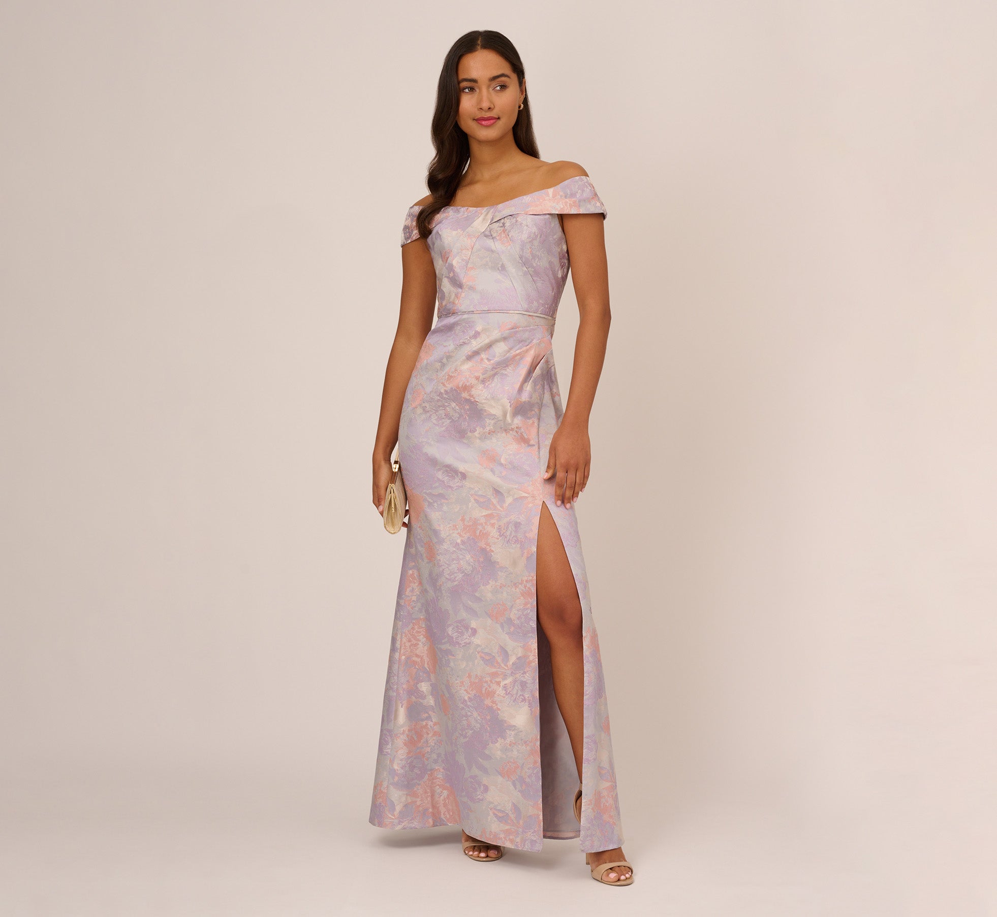 Metallic Floral Print Jacquard Gown With Off The Shoulder Neckline