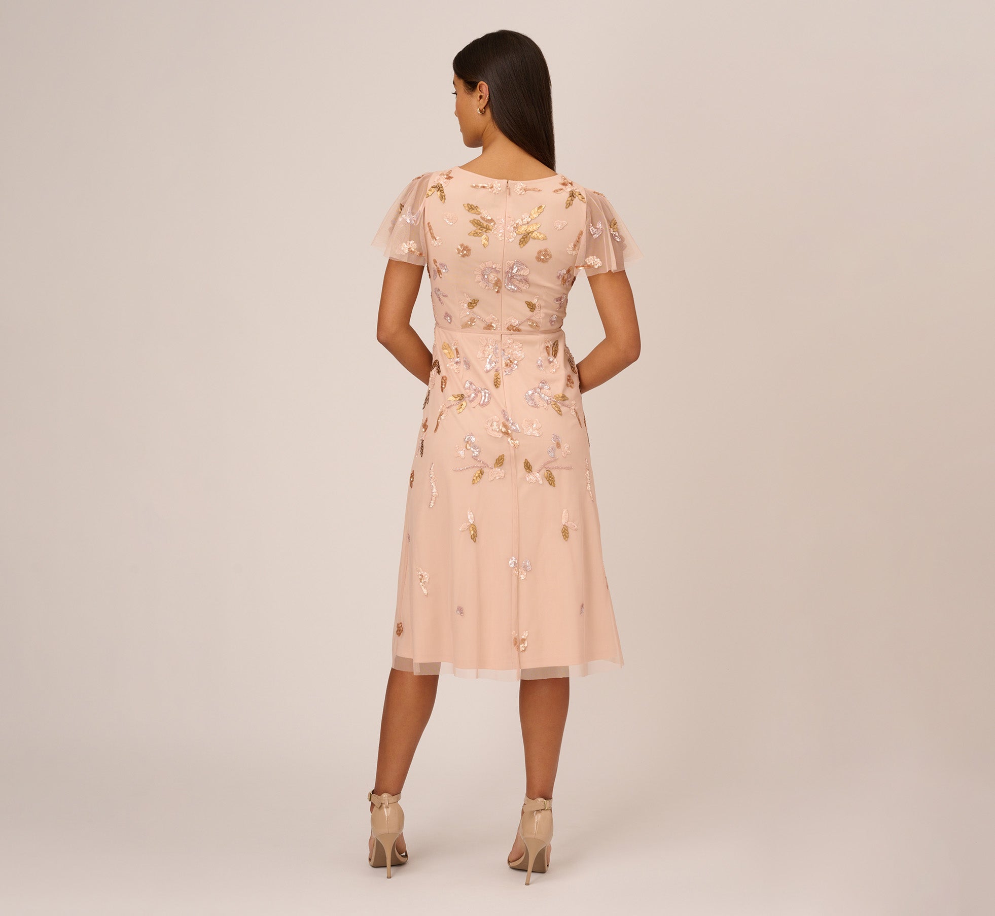 Floral Beaded Faux Wrap Dress With Sheer Flutter Sleeves In Blush