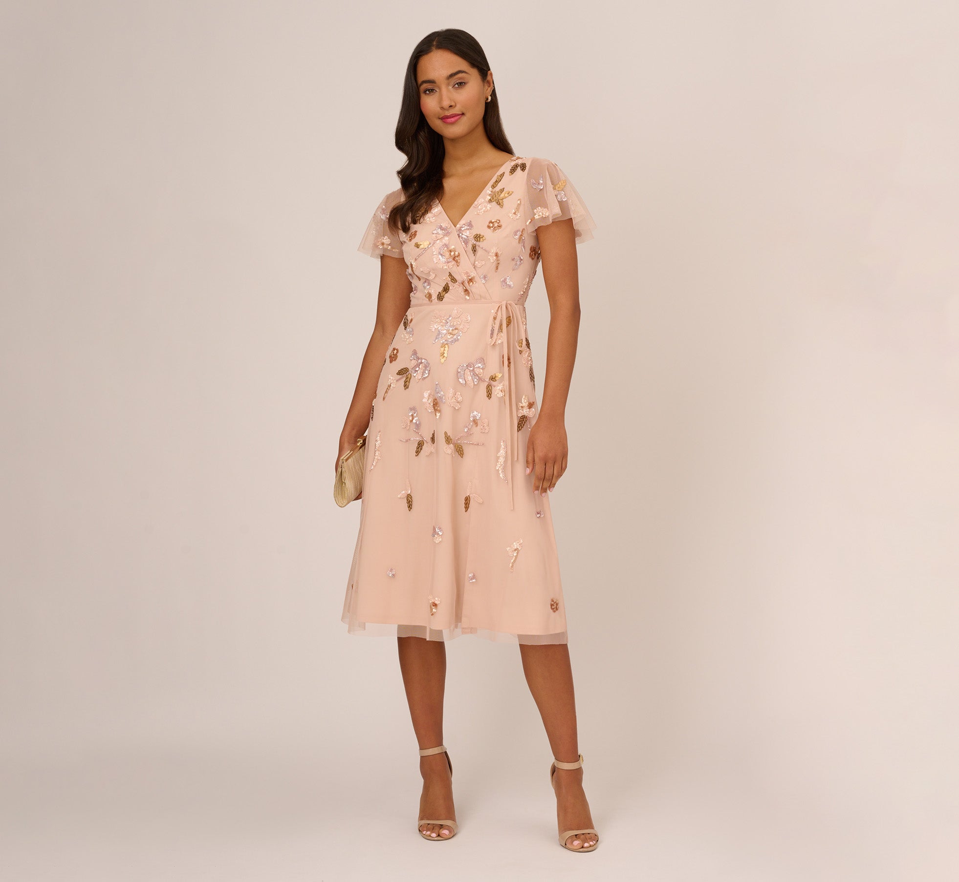 Floral Beaded Faux Wrap Dress With Sheer Flutter Sleeves In Blush