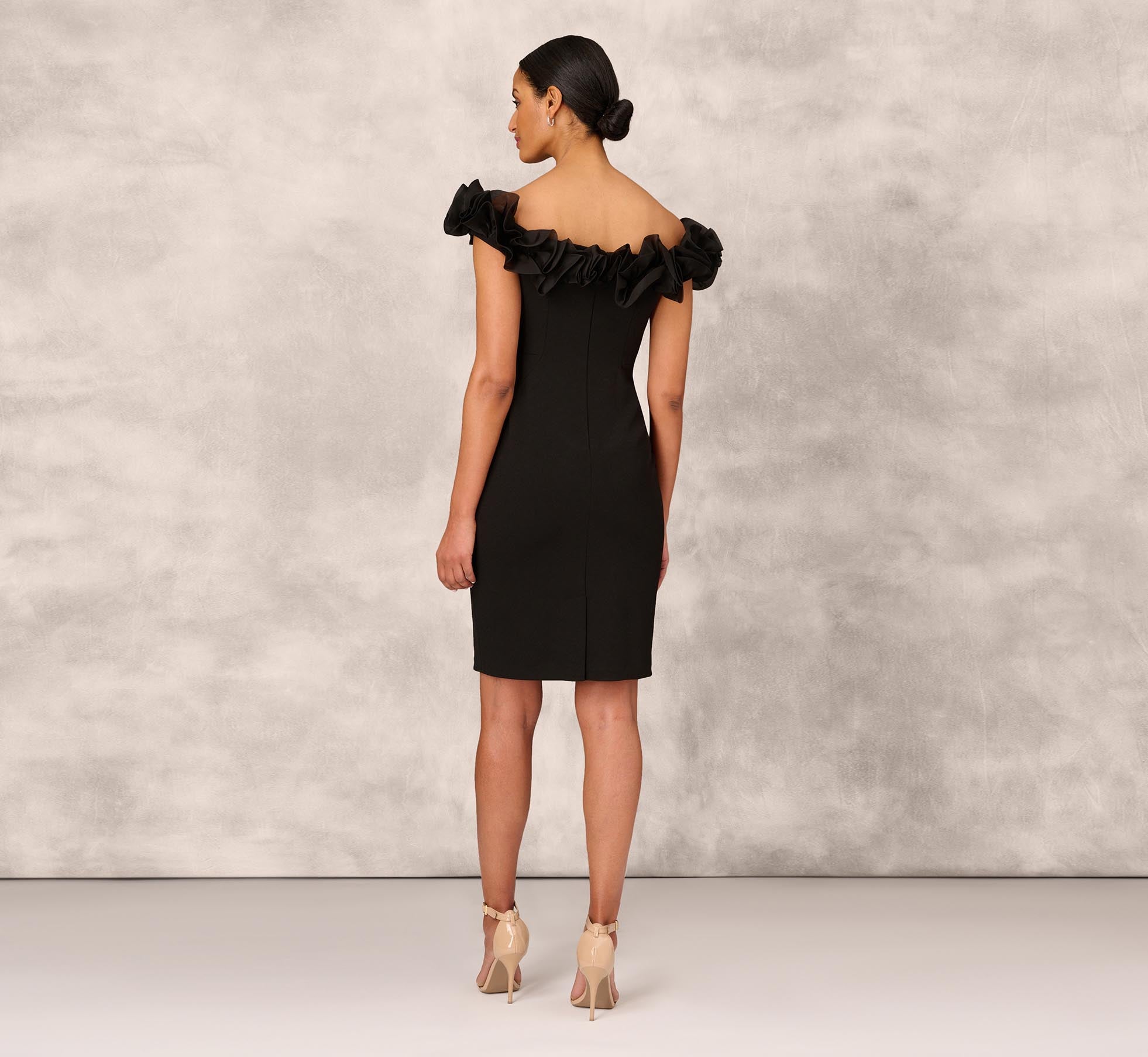 Off The Shoulder Crepe Sheath Dress With Organza Florals In Black