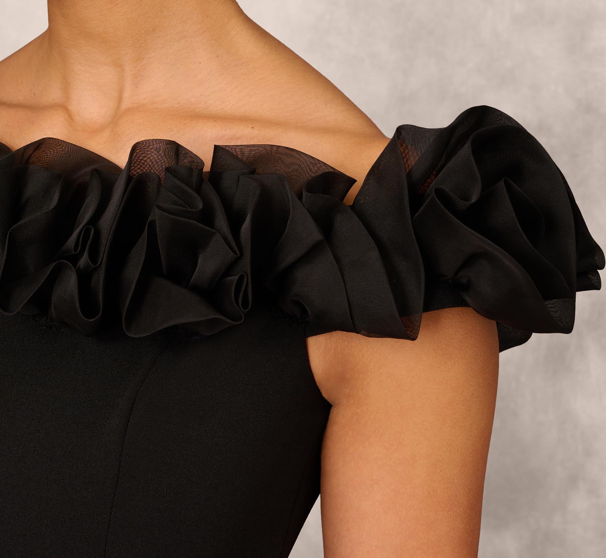 Off The Shoulder Crepe Sheath Dress With Organza Florals In Black