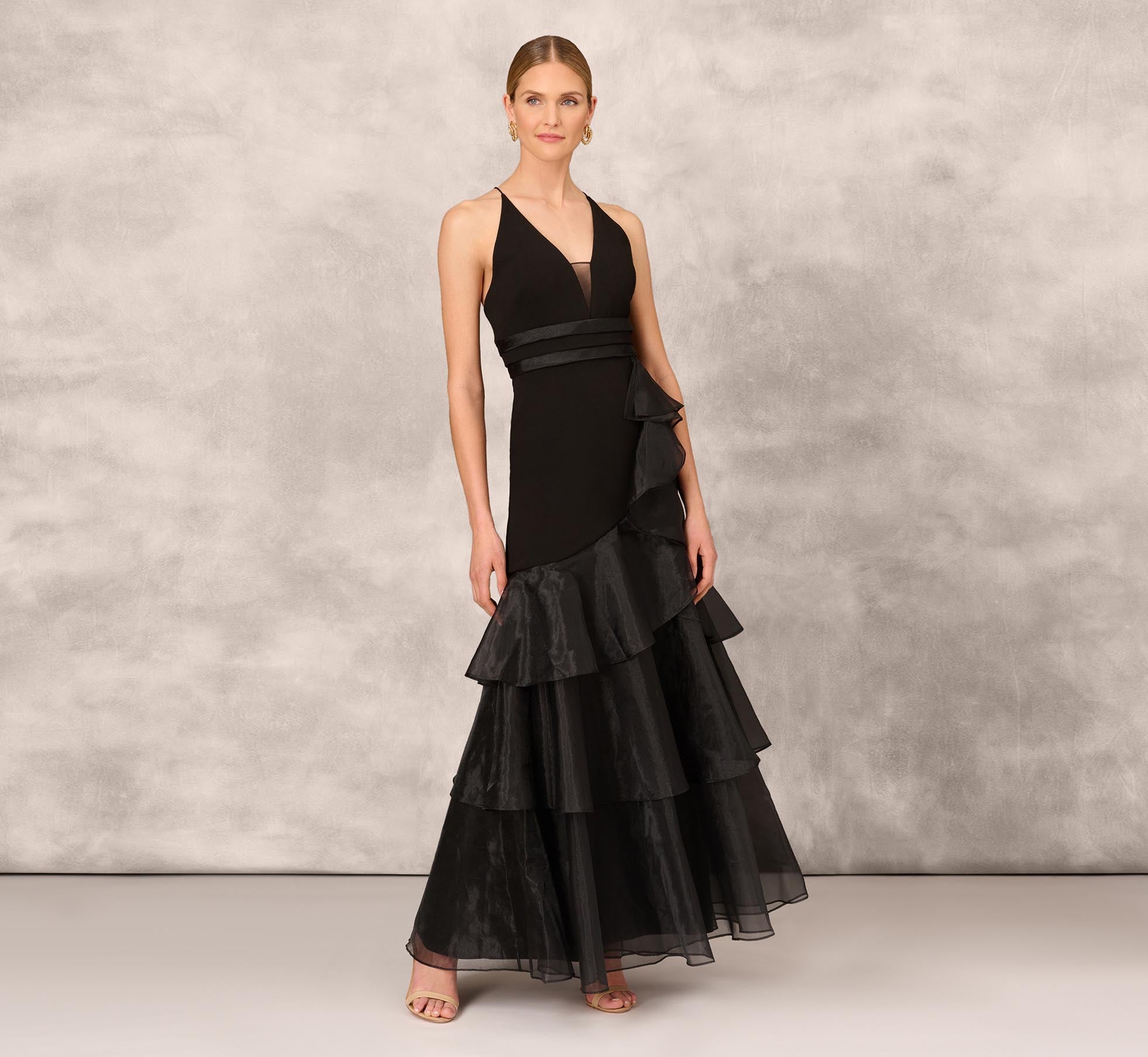 Tiered Trumpet Dress With Ruffles In Black Adrianna Papell