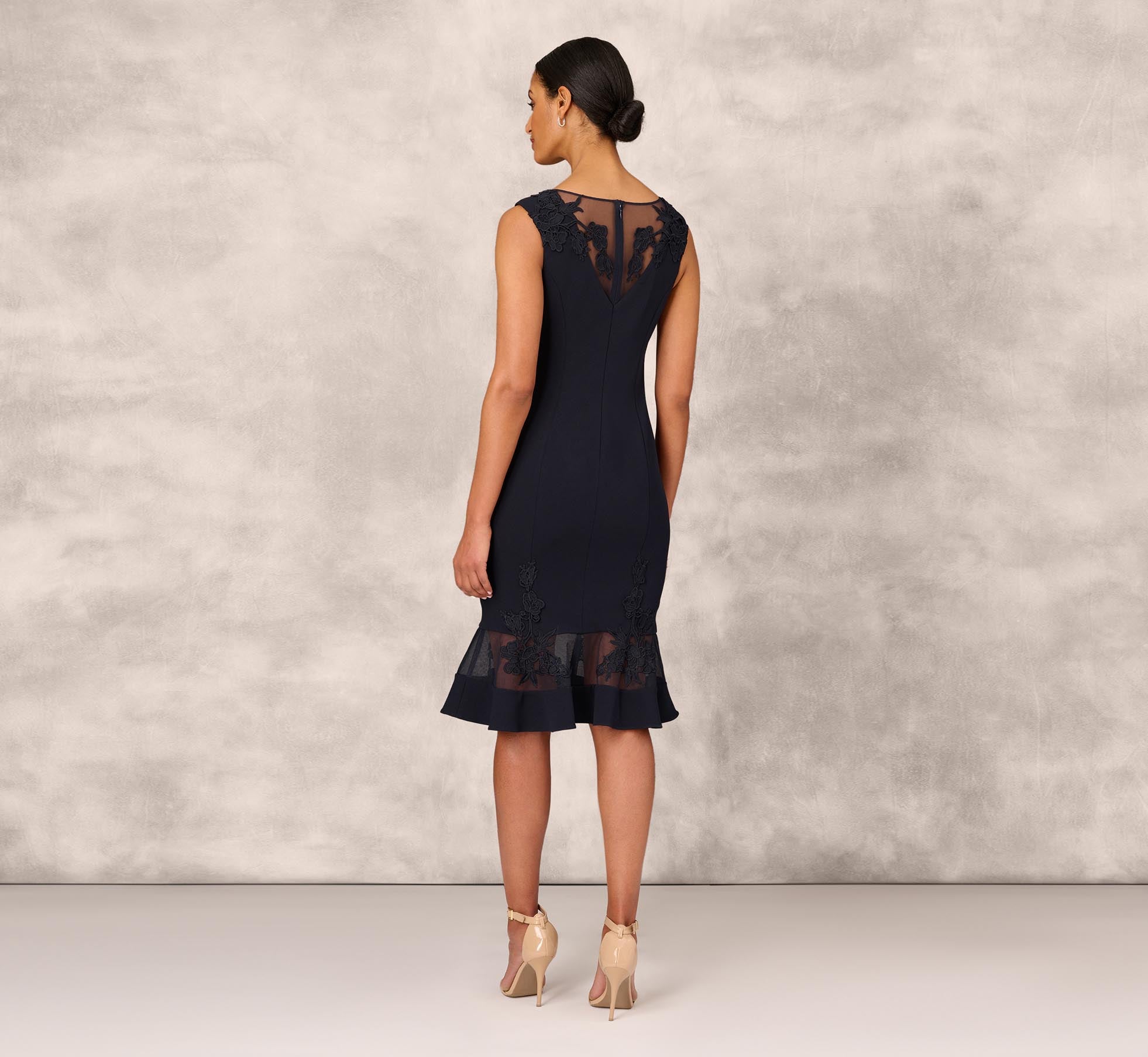 Cap Sleeve Sheath Dress With Illusion Details In Twilight