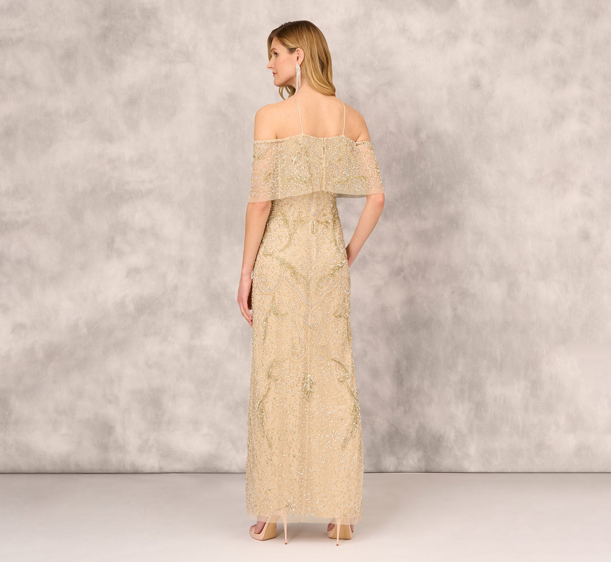 Beaded Cold Shoulder Gown With Popover Bodice In Light Gold