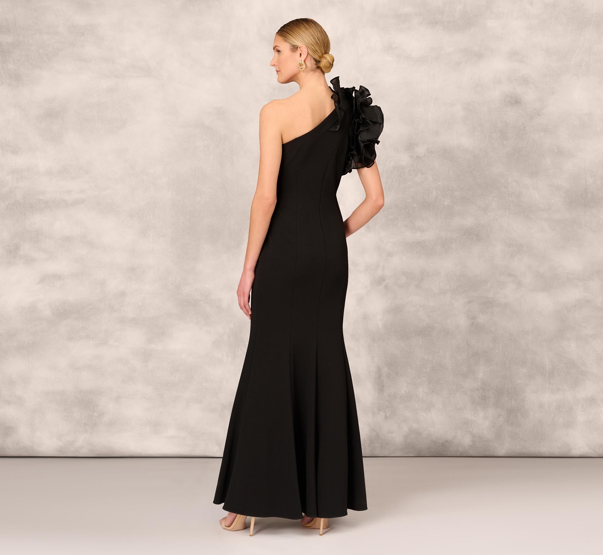 One Shoulder Mermaid Dress With Organza Sleeve In Black Adrianna