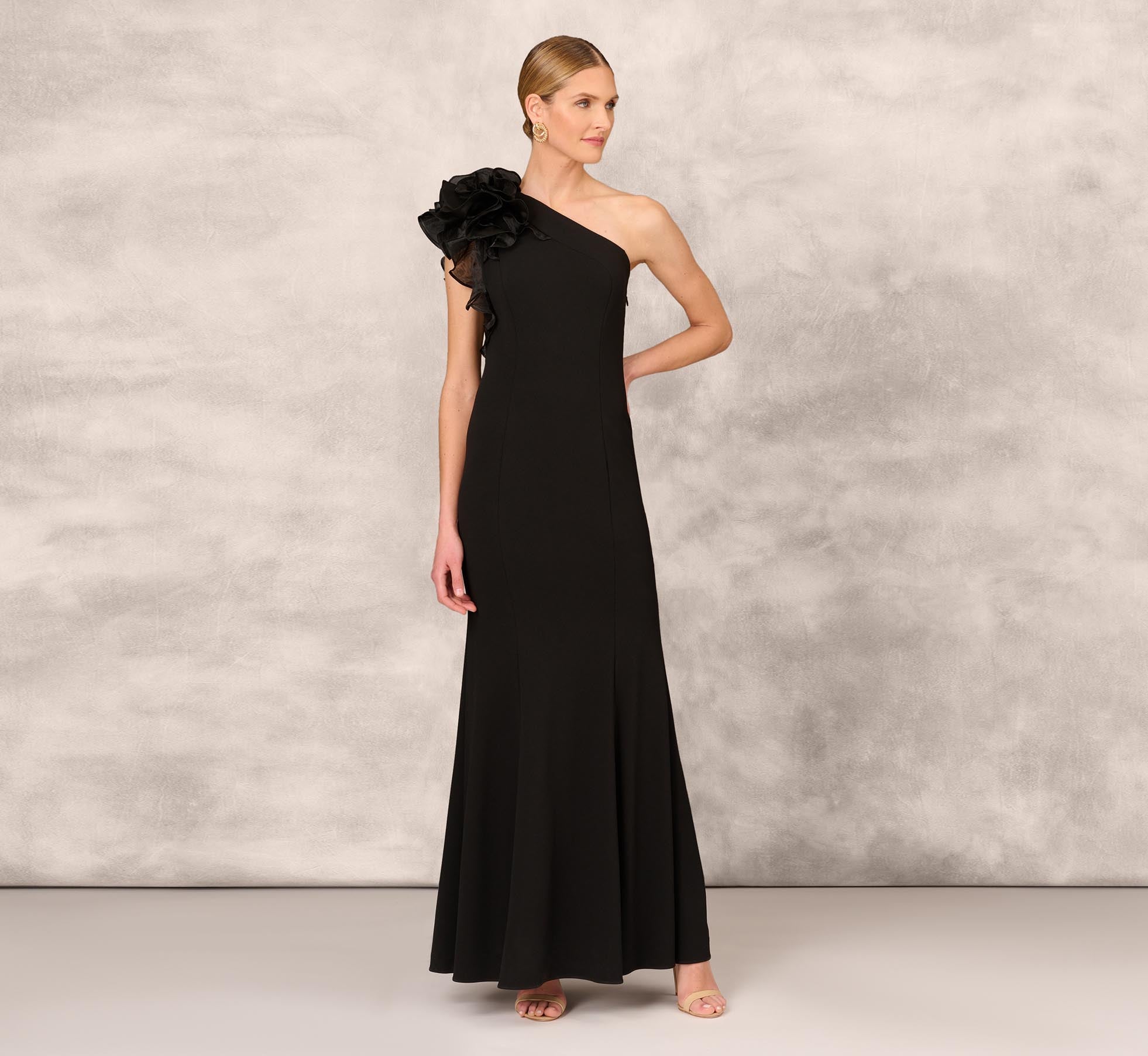 One Shoulder Mermaid Dress With Organza Sleeve In Black Adrianna