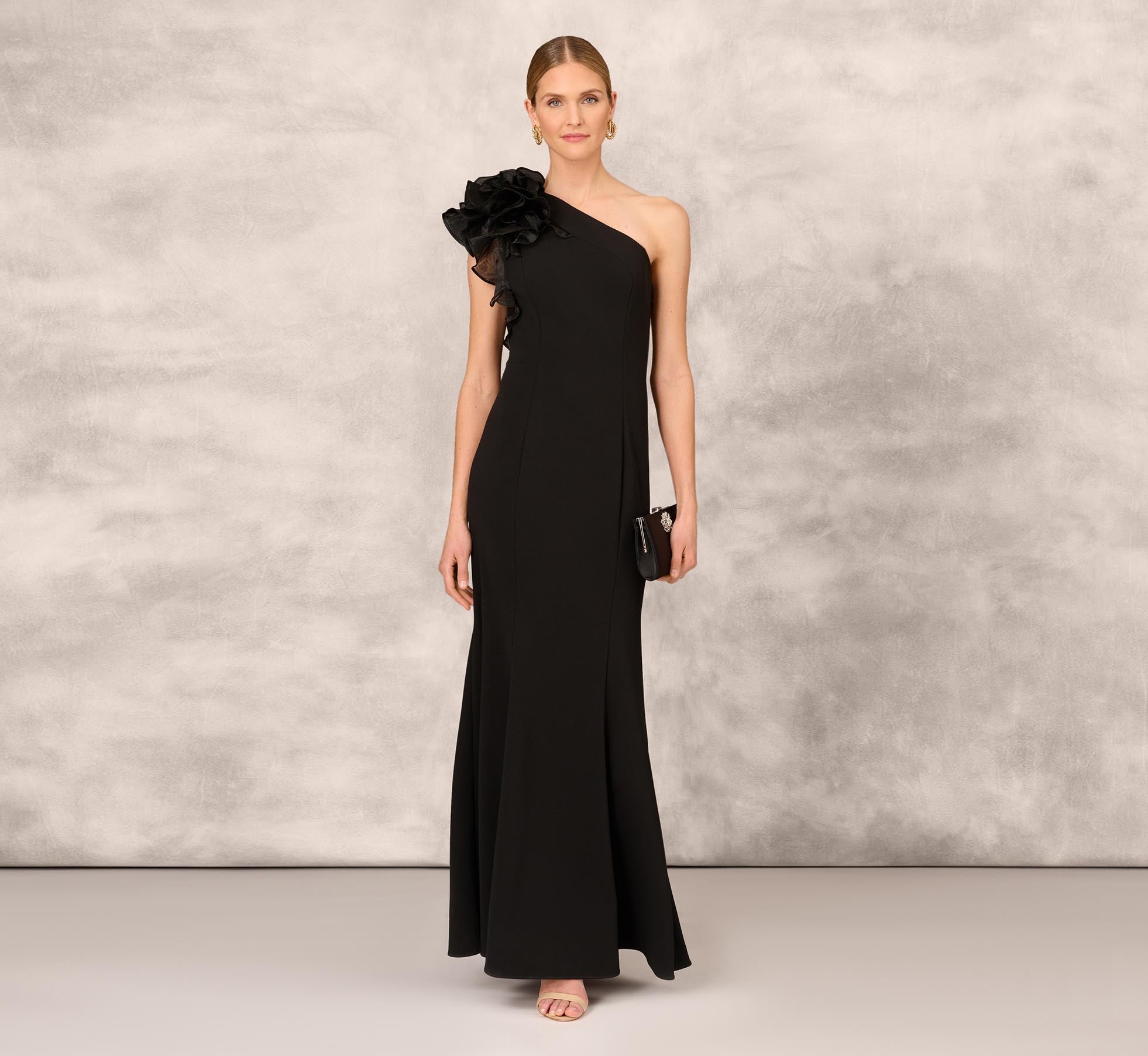 One Shoulder Mermaid Dress With Organza Sleeve In Black ...