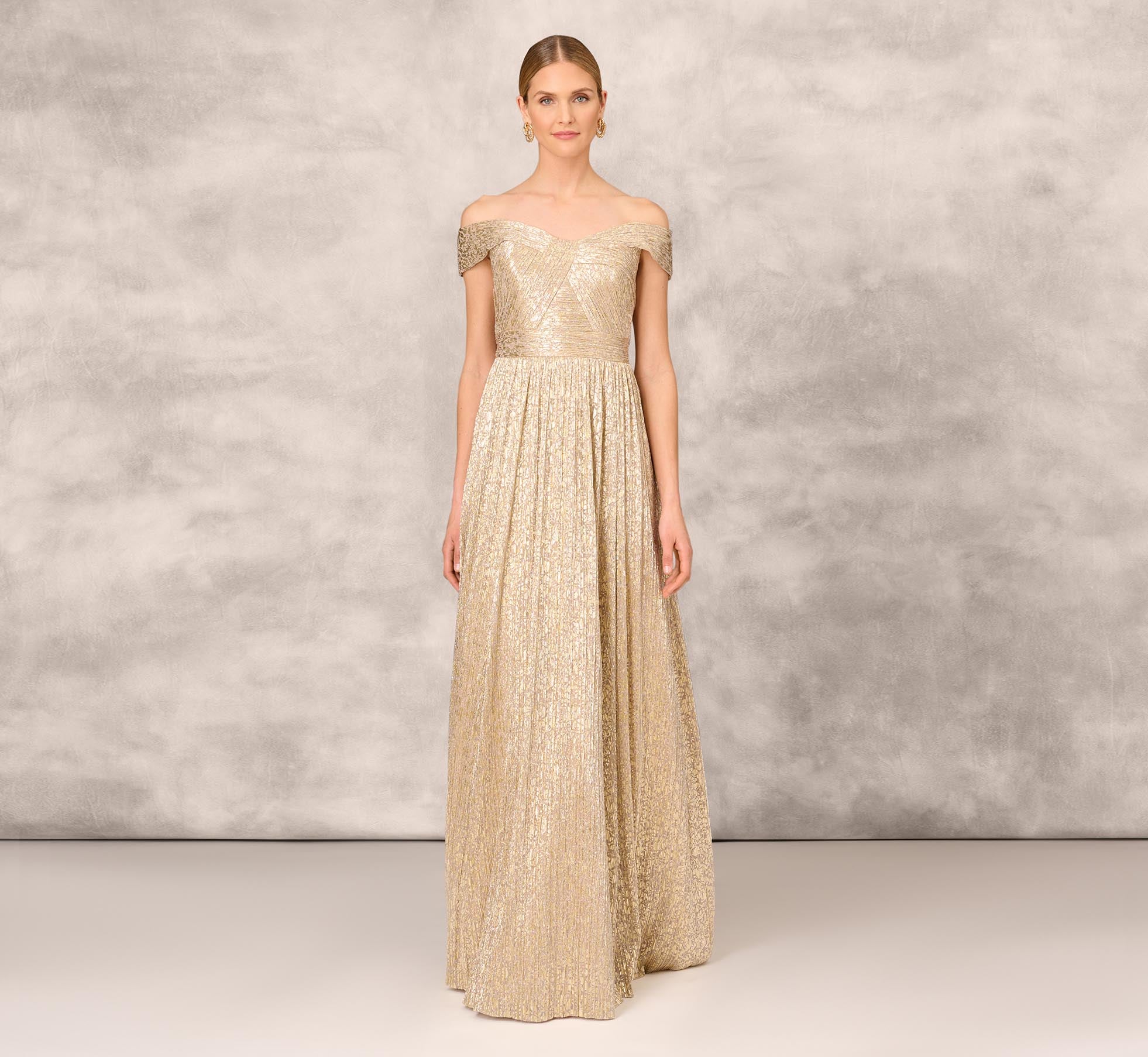 Off The Shoulder Metallic Foiled Metallic Pleated Mesh Long A-Line Ball Gown In Gold 1