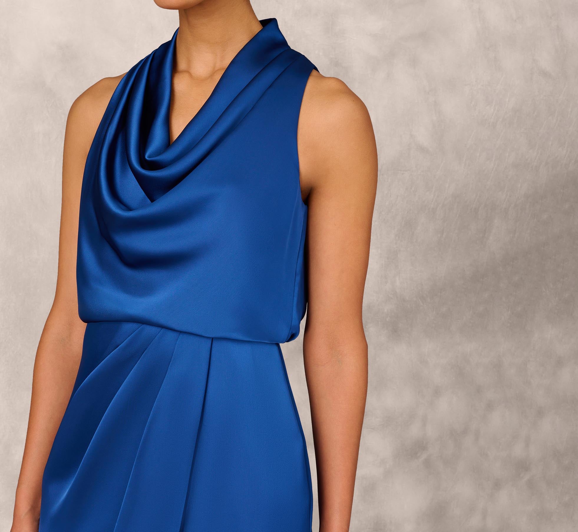 Cowl Neck Cocktail Dress With Front Draped Skirt In Deep Ocean