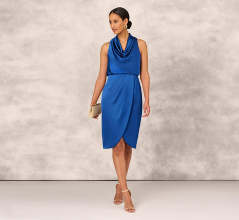 Cowl Neck Cocktail Dress With Front Draped Skirt In Deep Ocean