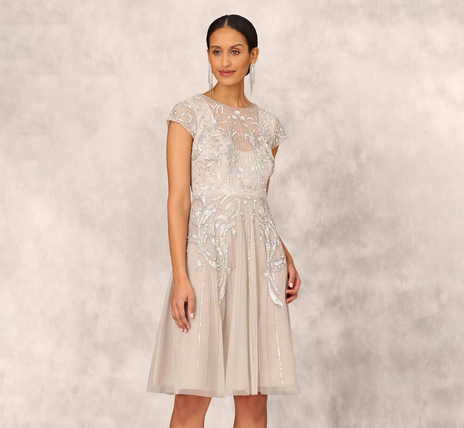 Hand Beaded Illusion Midi Length Fit And Flare Cocktail Dress In