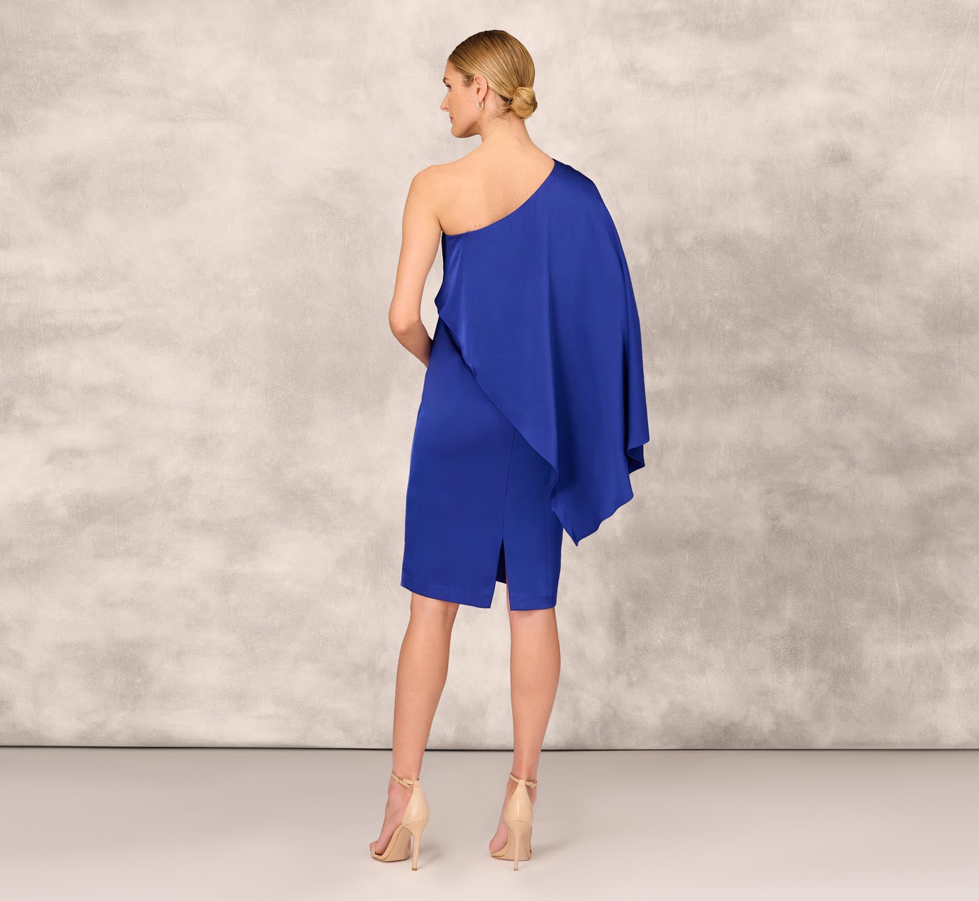 One Shoulder Satin Draped Sheath Dress With Crepe Back And Cape In