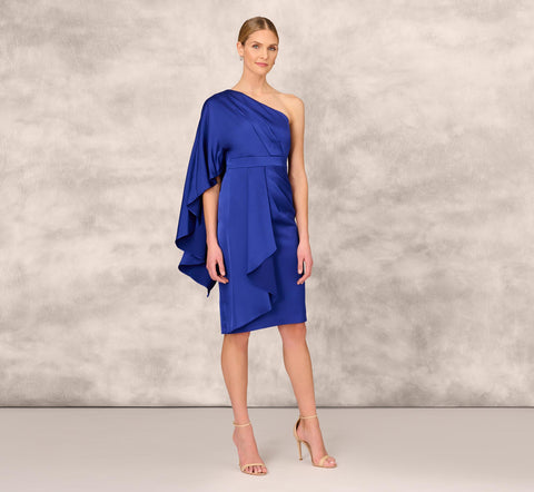 One-Shoulder Satin Draped Sheath Dress With Crepe Back And Cape In Royal Sapphire