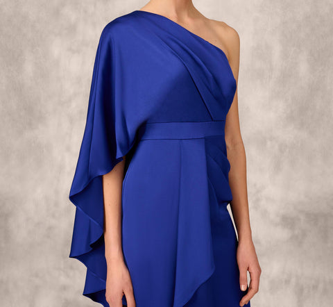 One-Shoulder Satin Draped Sheath Dress With Crepe Back And Cape In Royal Sapphire