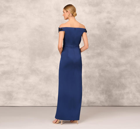 Hand Beaded Off The Shoulder Long Column Gown With Slit In Navy