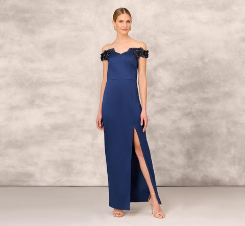 Hand Beaded Off The Shoulder Long Column Gown With Slit In Navy