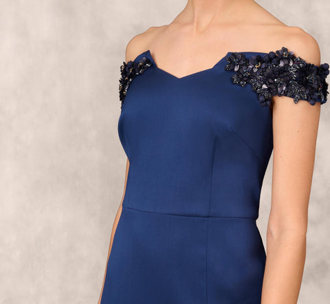 Hand Beaded Off The Shoulder Long Column Gown With Slit In Navy