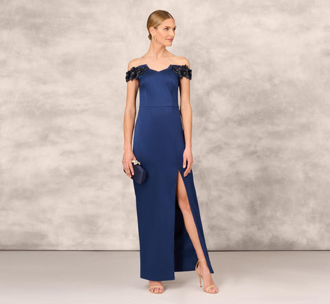 Hand Beaded Off The Shoulder Long Column Gown With Slit In Navy