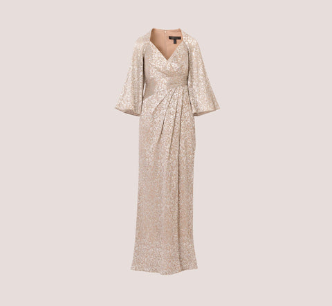 Pleated Foiled Long Column Dress With Slit And Flutter Sleeves In Silver Gold