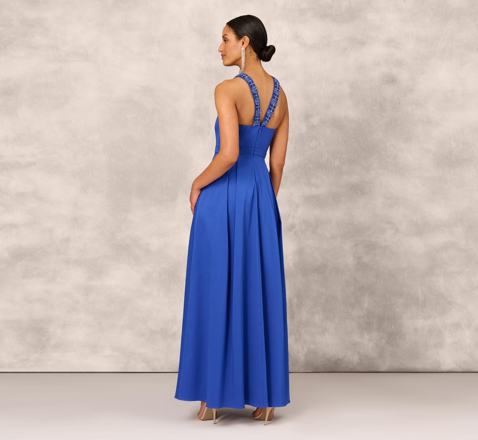 V Neck Mikado Gown With Jewel Beaded Straps In Royal Sapphire