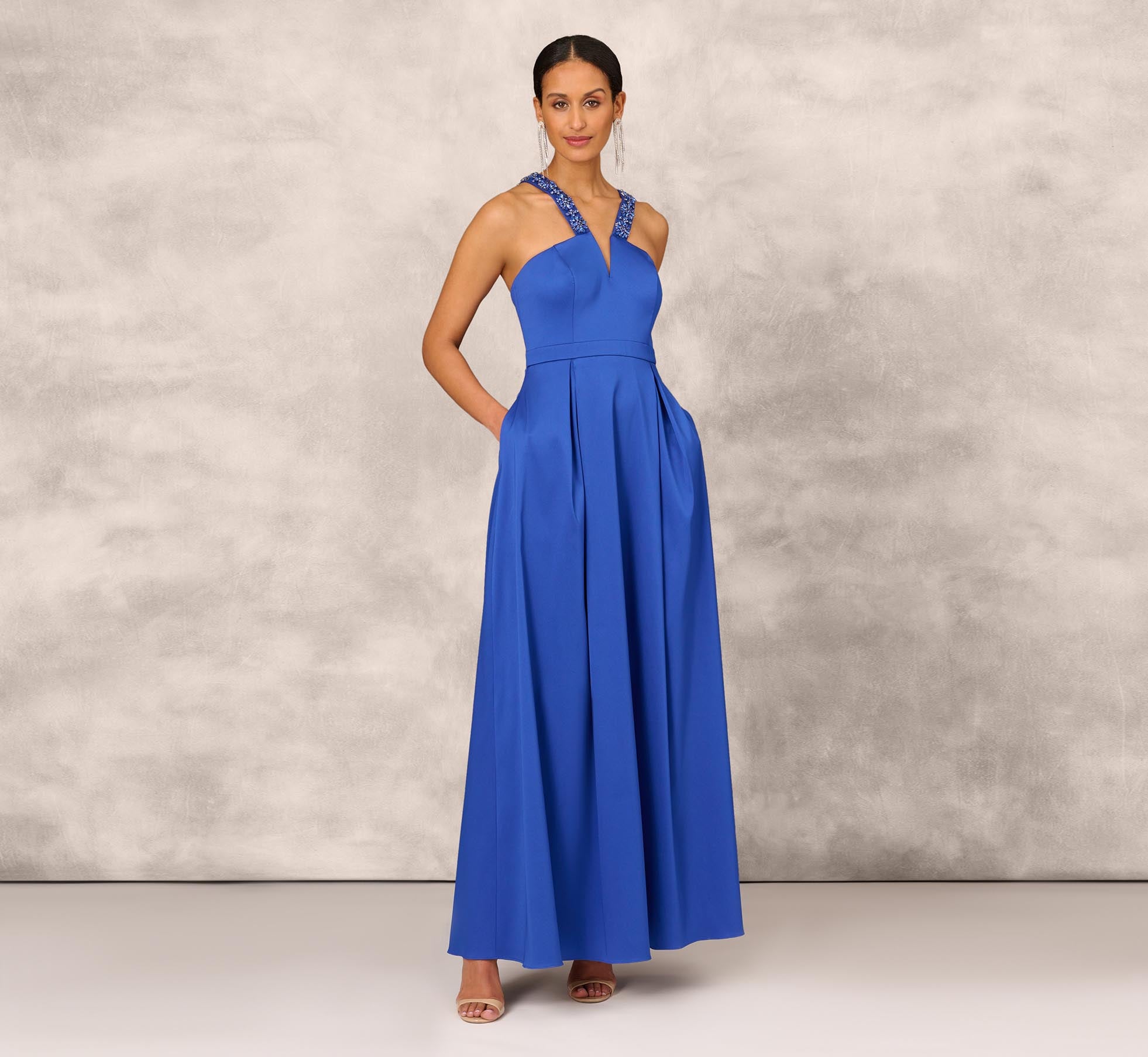 V Neck Mikado Gown With Jewel Beaded Straps In Royal Sapphire