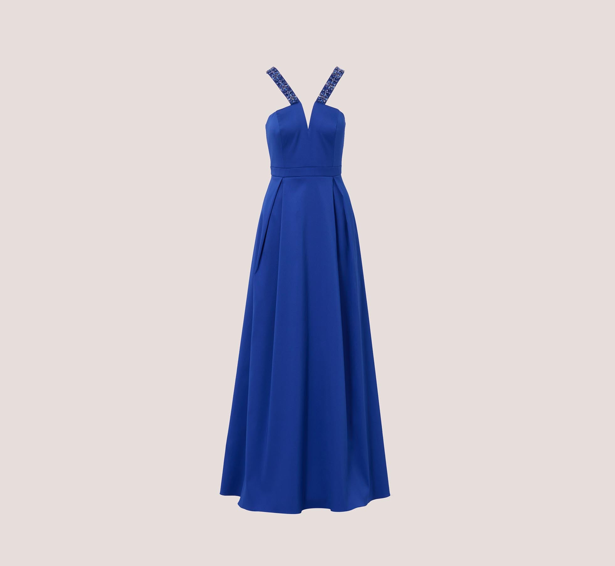 V Neck Mikado Gown With Jewel Beaded Straps In Royal Sapphire