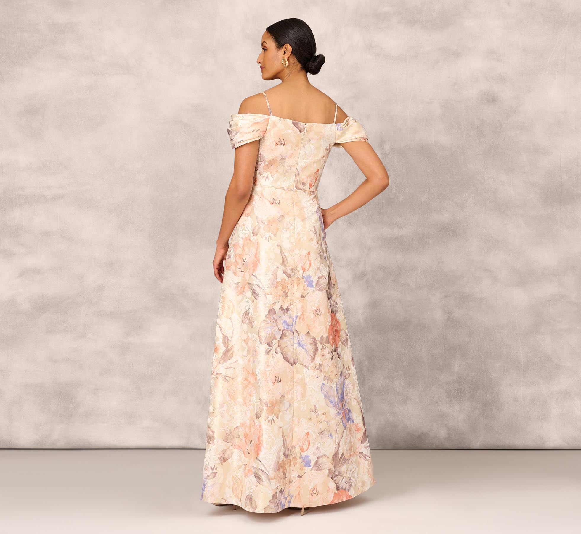 Off The Shoulder Printed Metallic Jacquard Ball Gown In Bronze