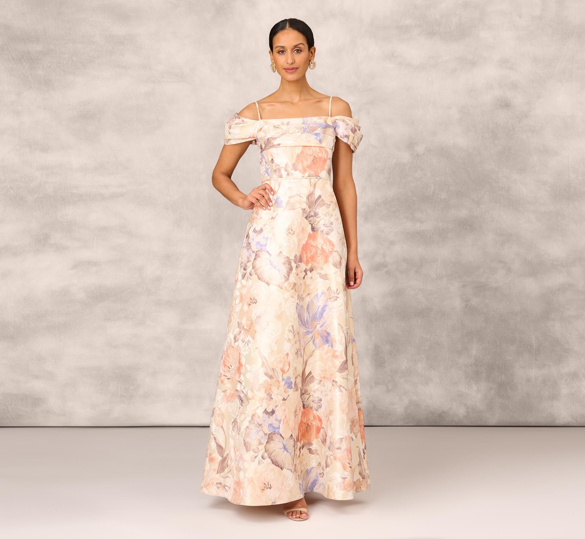Off The Shoulder Printed Metallic Jacquard Ball Gown In Bronze Multi