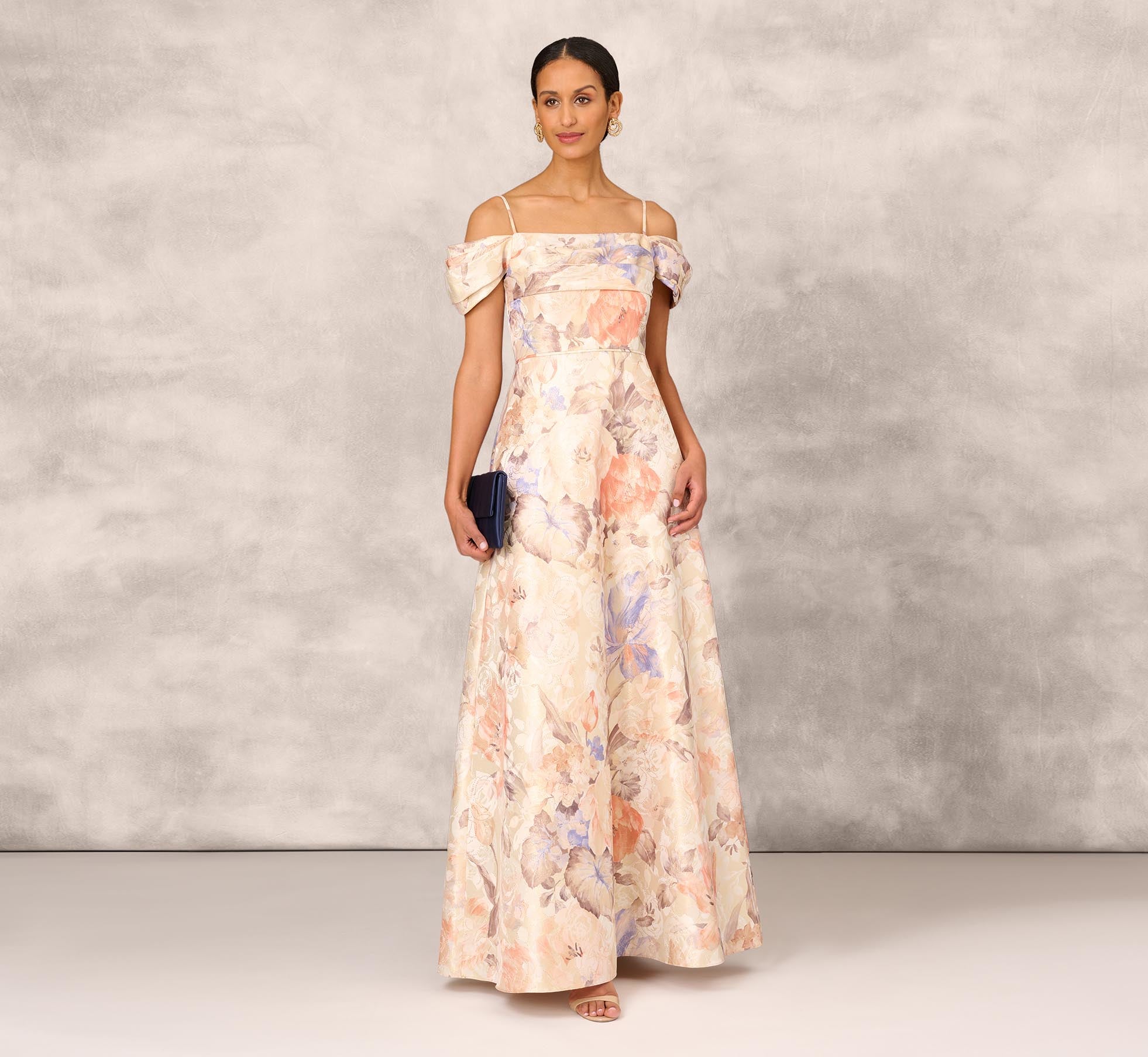 Off The Shoulder Printed Metallic Jacquard Ball Gown In Bronze