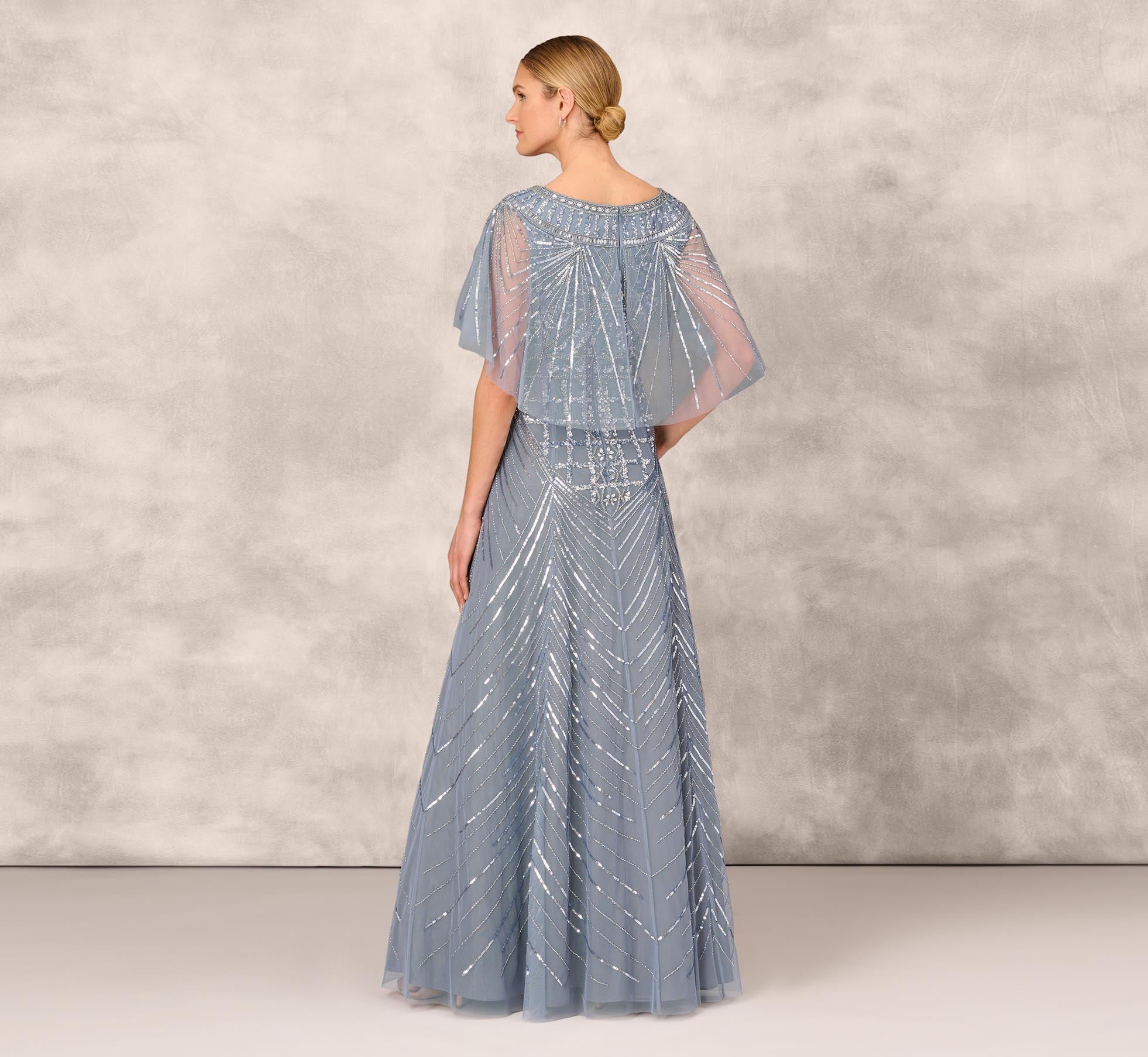 Beaded Ball Gown With Cape Sleeves In Vintage Blue Adrianna Papell