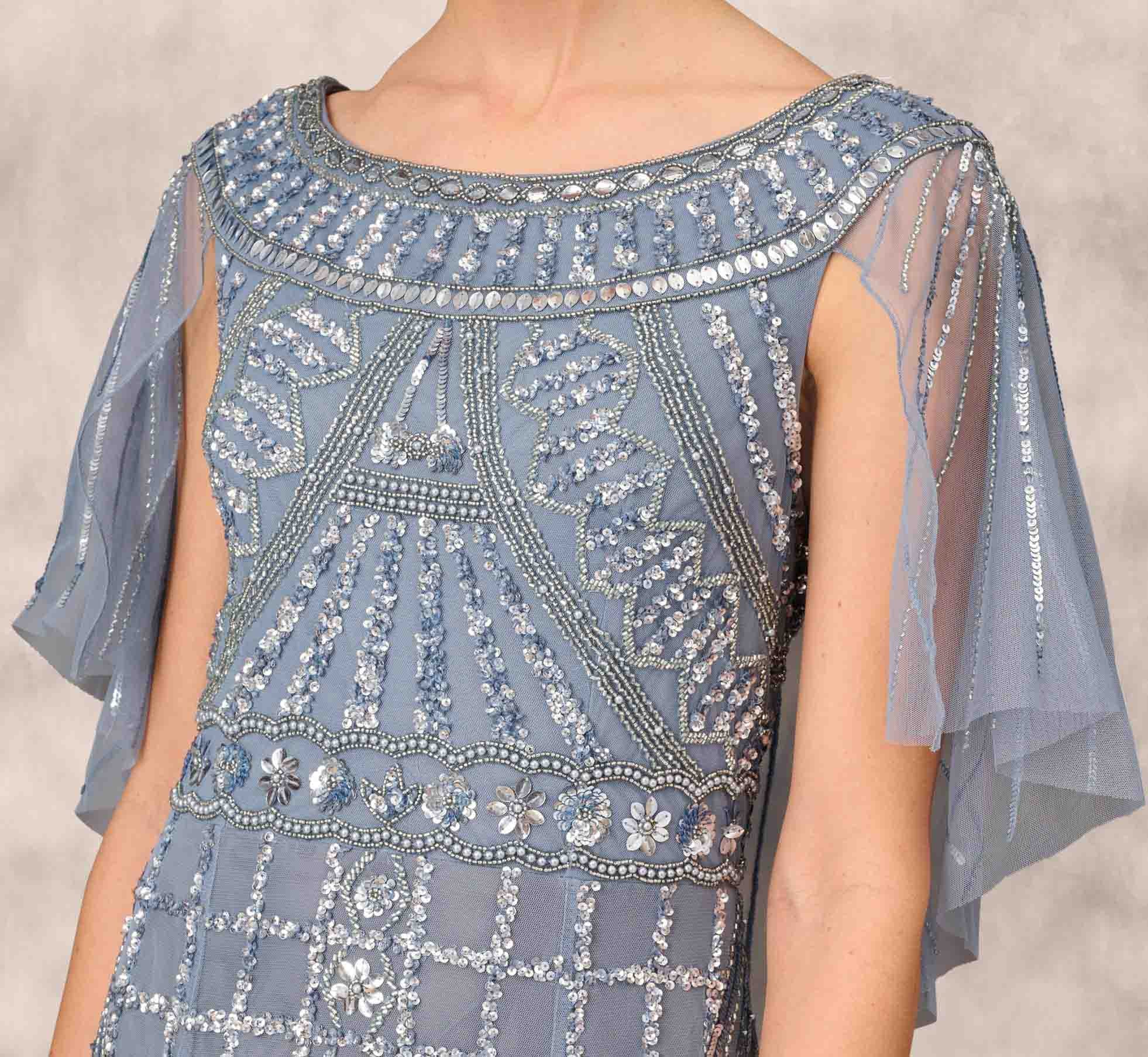 Beaded Ball Gown With Cape Sleeves In Vintage Blue Adrianna Papell