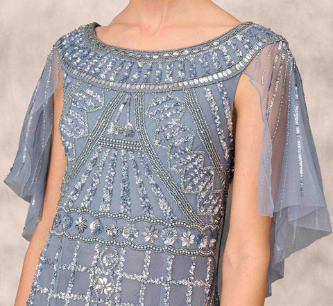 Beaded Ball Gown With Cape Sleeves In Vintage Blue