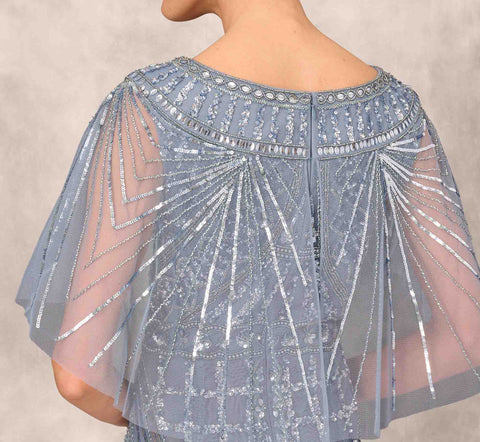 Beaded Ball Gown With Cape Sleeves In Vintage Blue
