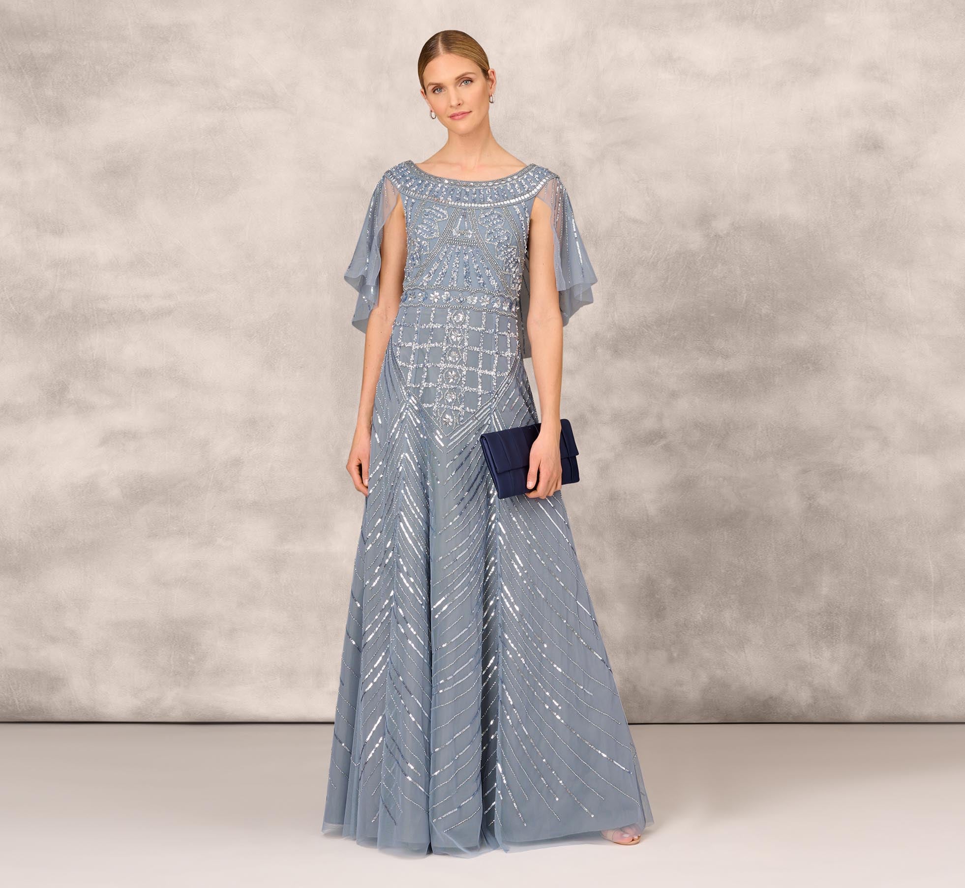 Beaded Ball Gown With Cape Sleeves In Vintage Blue Adrianna