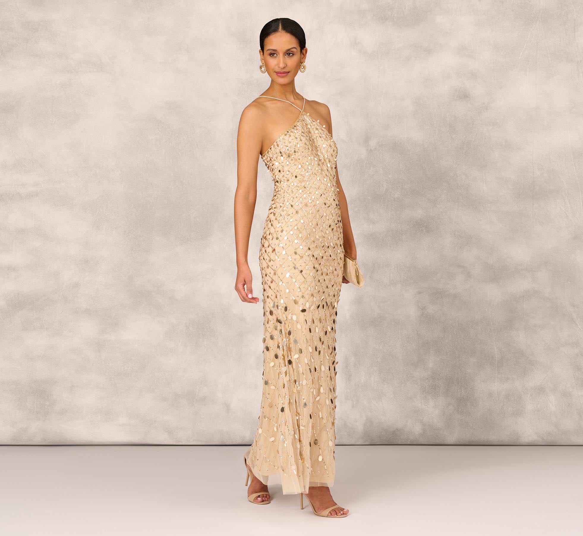 Sequin Beaded Mermaid Gown With Halter Neckline In Gold