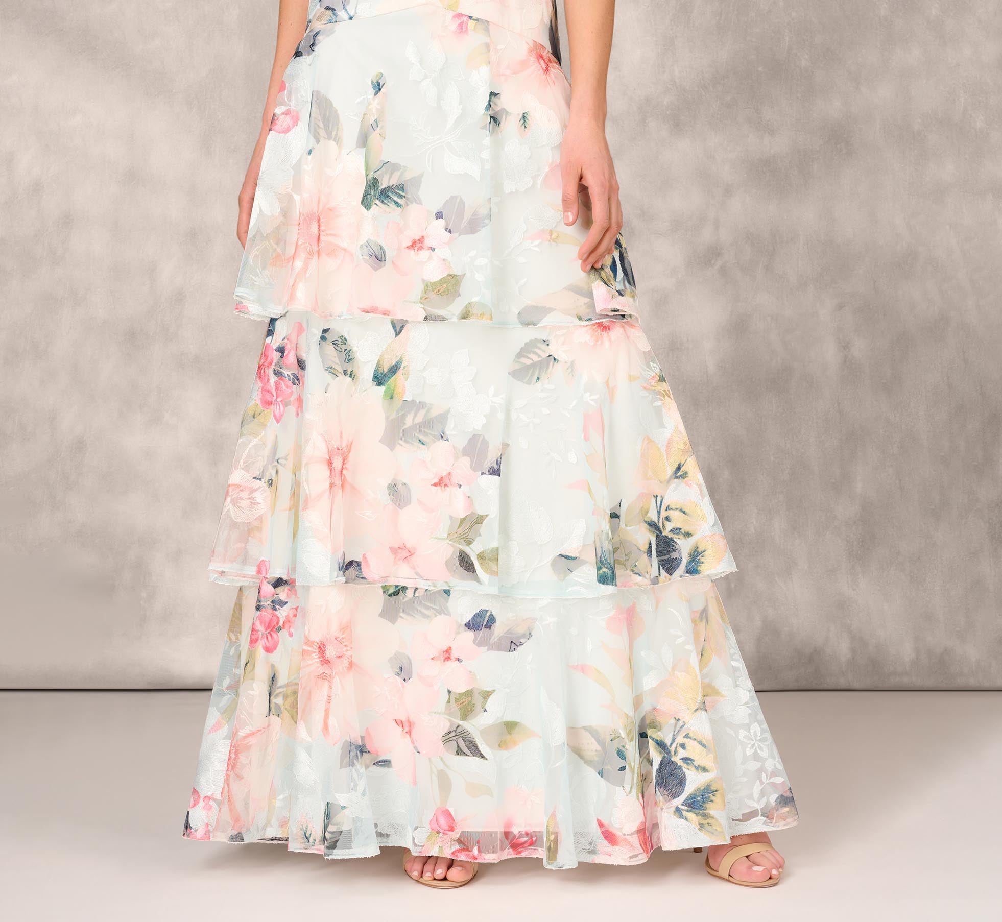 Floral Print Embroidered Long A Line Gown In Blue Multi Adrianna