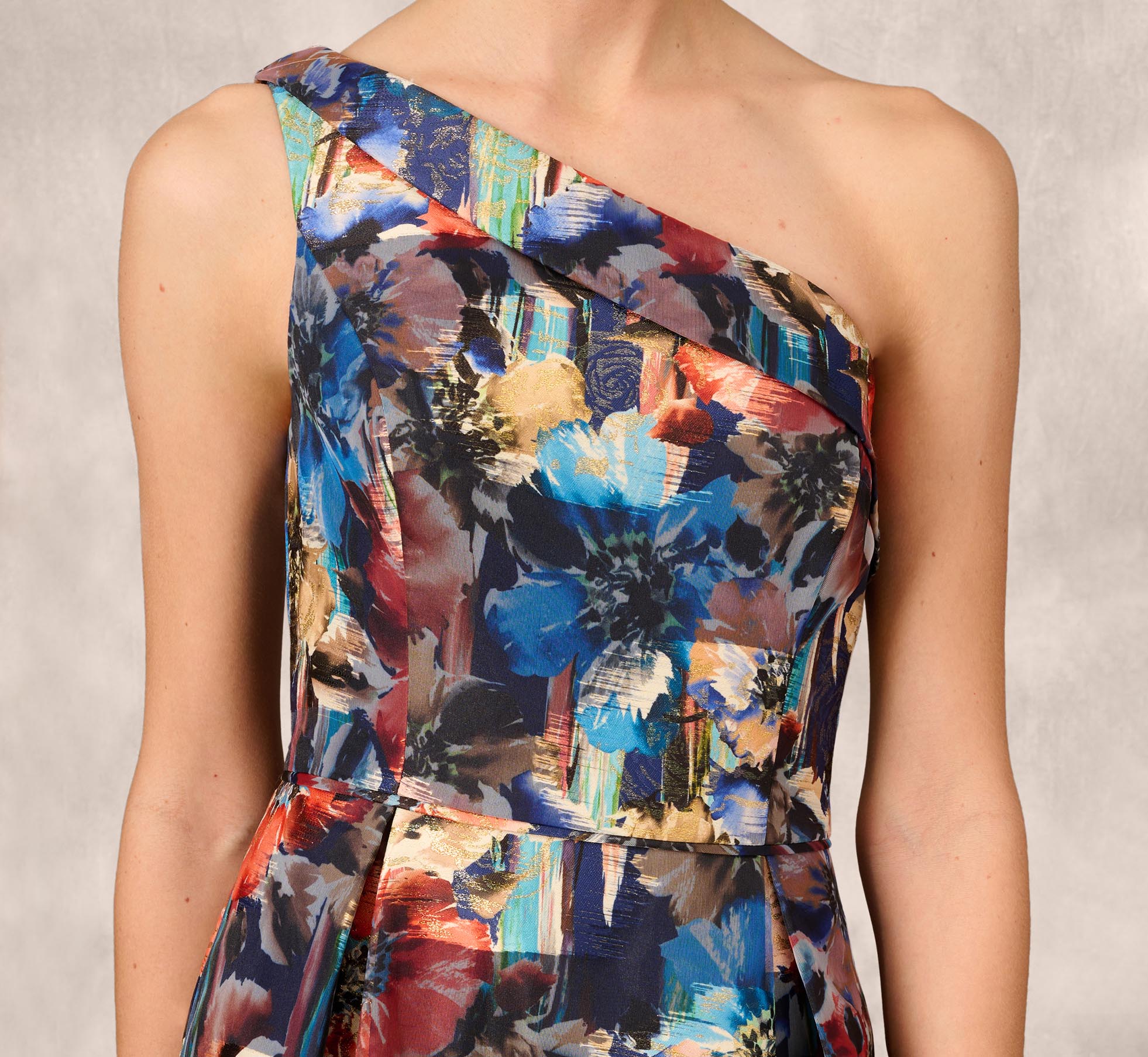 Floral Printed Metallic Organza Burnout One Shoulder Long Ball