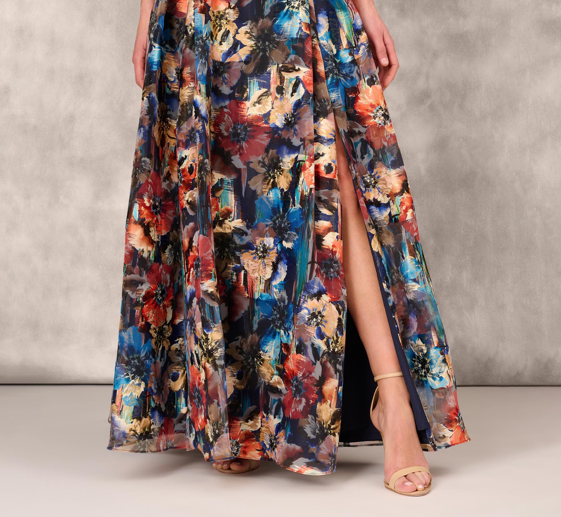 Floral Printed Metallic Organza Burnout One Shoulder Long Ball