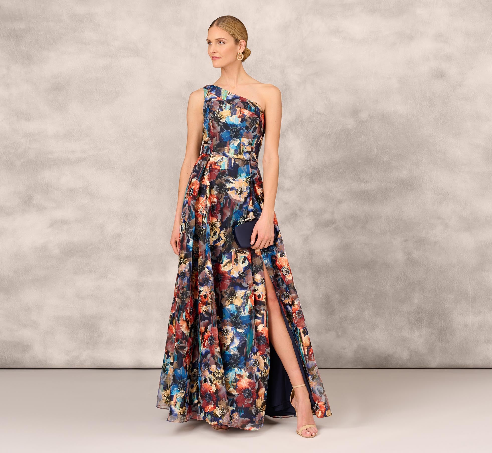 Floral Printed Metallic Organza Burnout One Shoulder Long Ball