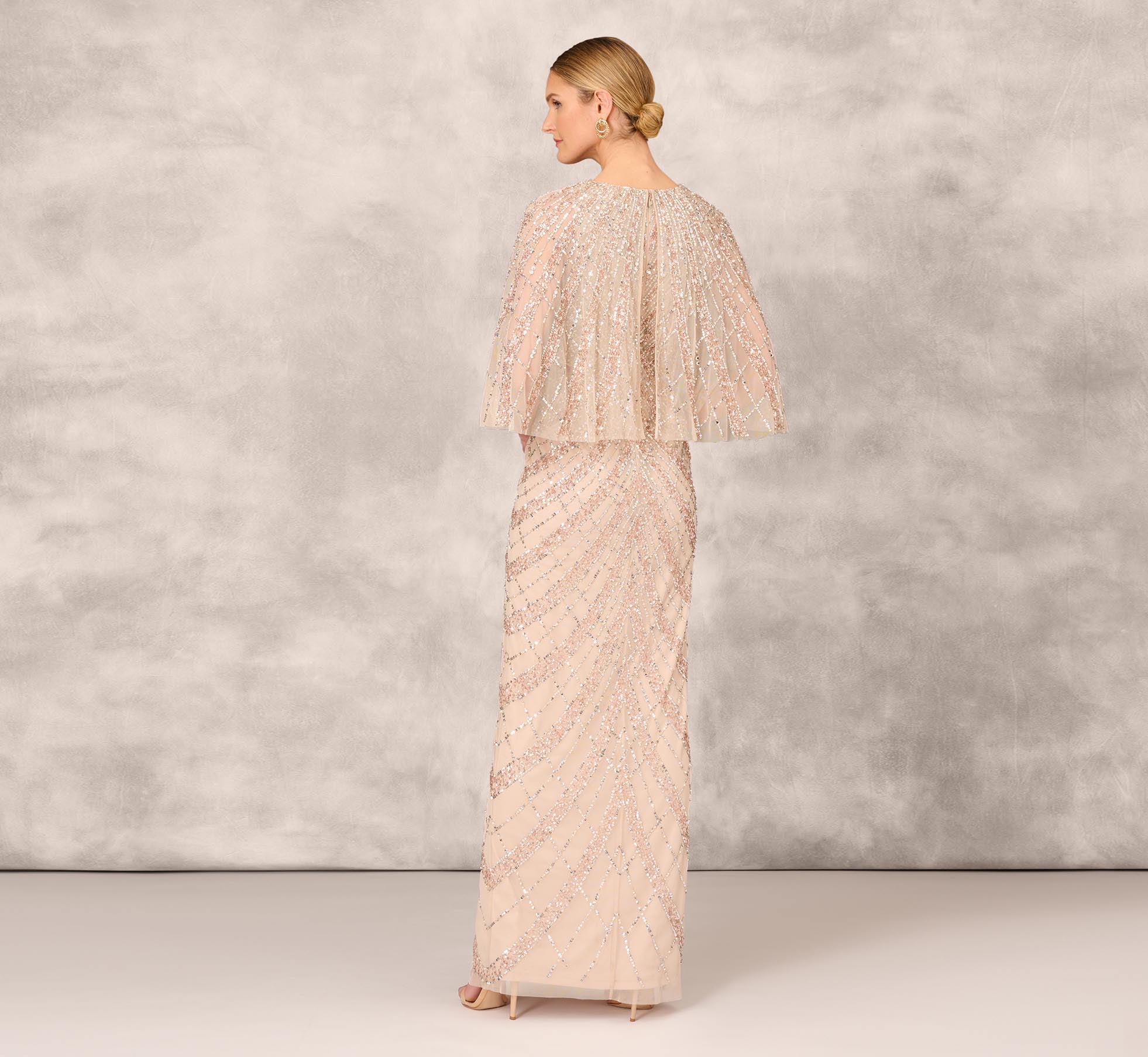 Hand Beaded Long Column Gown With Cape And Slit In Blush