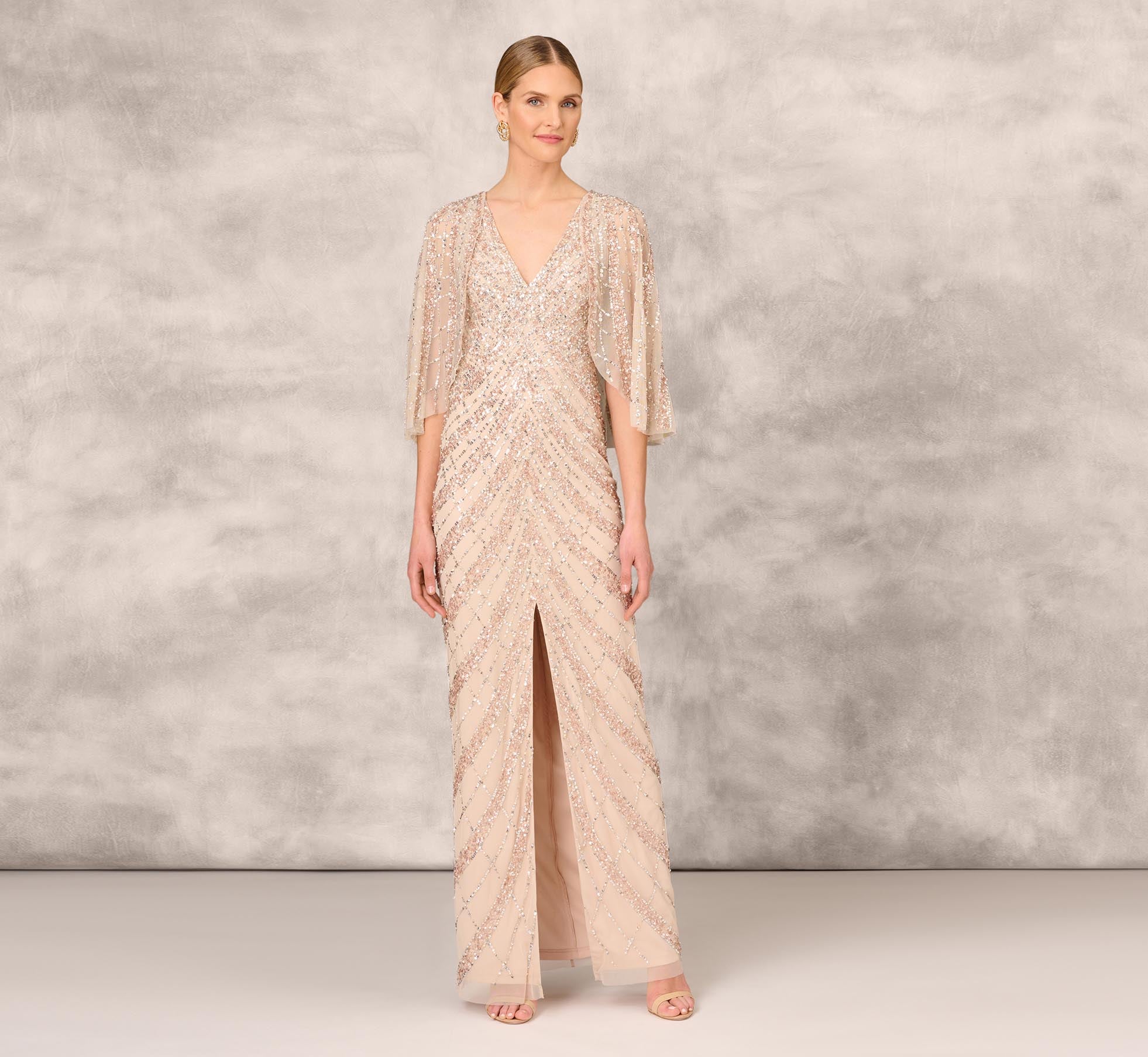 Hand Beaded Long Column Gown With Cape And Slit In Blush